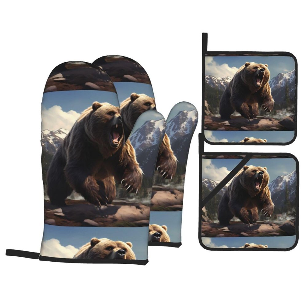 WZYWHJ Oven Mitts and Pot Holders Four-Piece Sets Oven Mitts Oven Gloves Pot Holders and Oven Mitts for Kitchen Baking Cooking Grilling Fierce Grizzly Bears Printed