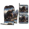 WZYWHJ Oven Mitts and Pot Holders Four-Piece Sets Oven Mitts Oven Gloves Pot Holders and Oven Mitts for Kitchen Baking Cooking Grilling Fierce Grizzly Bears Printed view 1