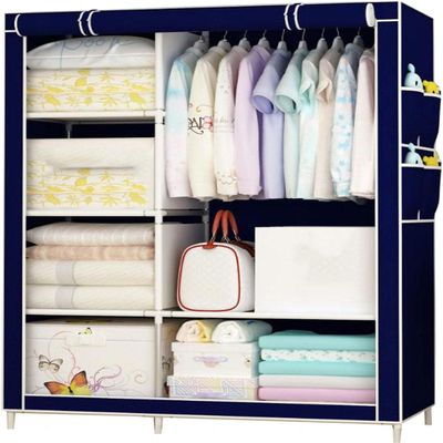 Canvas Wardrobe, Fabric Wardrobe, Foldable Closet with Hanging Rail, Side Pockets, Clothes Closet Storage Organizer for Bedroom,Blue-105x45x170cm (Gray 105x45x170cm) (Blue 105x45x170cm)