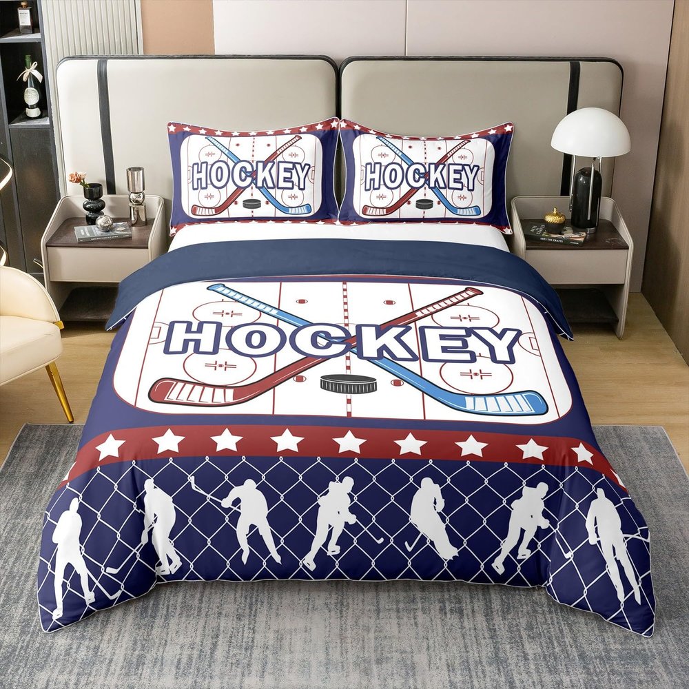 100% Cotton Hockey Bedspread Cover For Bedroom Decor,Hockey Player Ball Gaming Comforter Cover,Sports Theme King Duvet Cover For Kids Boys,Geometric Stripes Quilt Cover,Modern Fashion Bedding Set