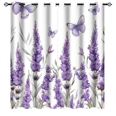 Chaohuan Lavender Flower Blackout Curtains for Kid Girls Boys Bedroom, Purple Floral Butterfly Decorative Grommet Window Drapes for Bedroom Living Room, 42Wx54L inch