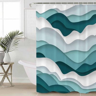 Decorative Shower Curtain Blue Gradient Waves Polyester Fabric Waterproof Bath Shower Curtains Bathroom Accessories Modern Geometric Abstract Machine Washable Curtain 72x96 Inch for Home Hotel