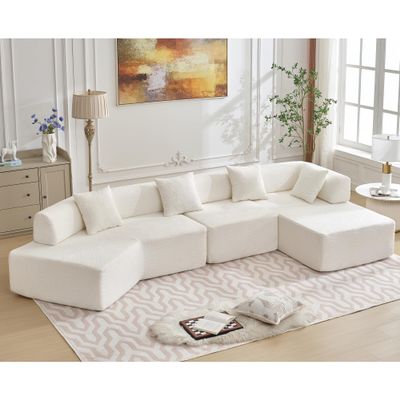 140" Convertible Sectional Couches for Living Room, Modular Sectional Sofa, Comfy Cloud Couch with Chaise, 4 Seater L-Shape Couch Modern Minimalist Sleeper Sofa for Bedroom, Apartment, White