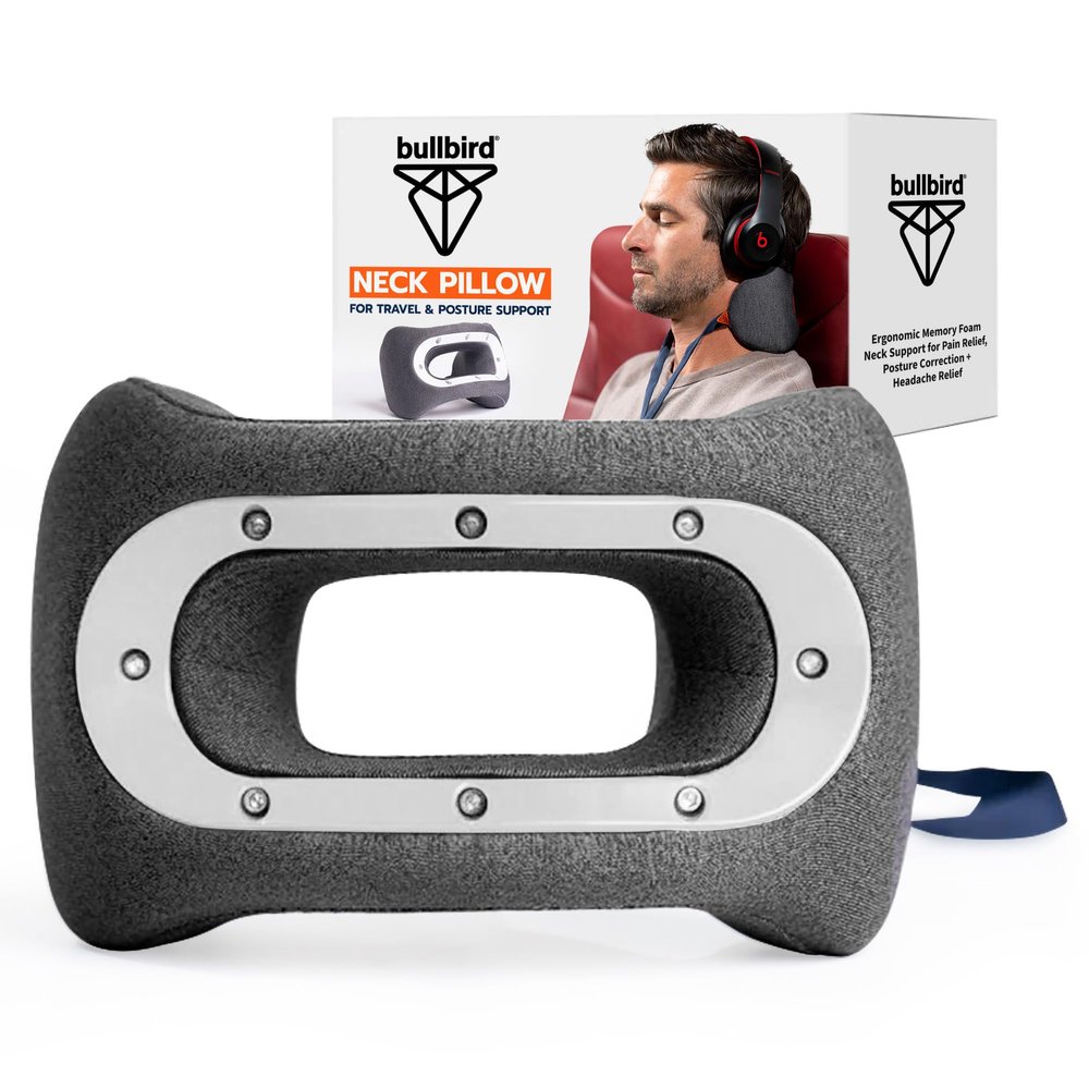 bullbird Neck Pillow for Travel - Ergonomic Memory Foam Design - Comfortable Cervical Support for Airplane, Car & Home - Compact & Portable with Carry Bag - White