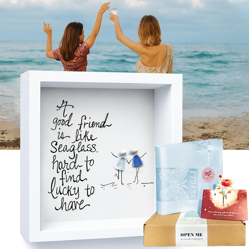 UQRUI Sea Glass Art Friendship Kit 2026 New - Good Friend is Lucky to Have, Like Seaglass, Sea Glass Wall Art DecorHandmade SeaGlass Art Frame Christmas, Thanksgiving, Birthday Gift for Best Friends