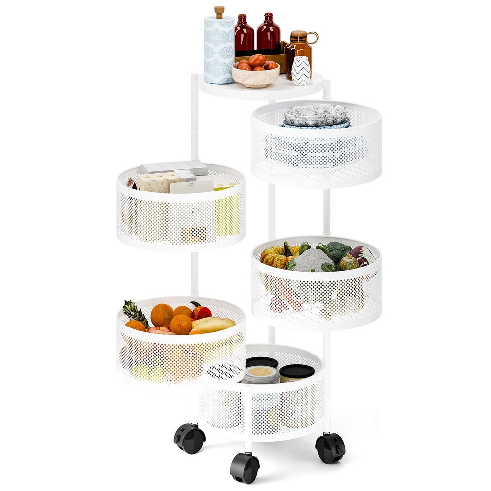 clinmday Fruit Vegetable Basket for Kitchen, 3 Tier Rotating Storage Rack with Wheels, Home Rotating Storage Stand Kitchen Cart, Standing Vegetable Organizer Rack Metal Wire Shelf with top lid,White