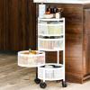 clinmday Fruit Vegetable Basket for Kitchen, 3 Tier Rotating Storage Rack with Wheels, Home Rotating Storage Stand Kitchen Cart, Standing Vegetable Organizer Rack Metal Wire Shelf with top lid,White view 2