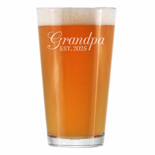 Bevvee Grandpa Est 2025 - New Grandfather Pint Glass Gift for First Time Grandparents - Decorative 16 Oz Glasses
