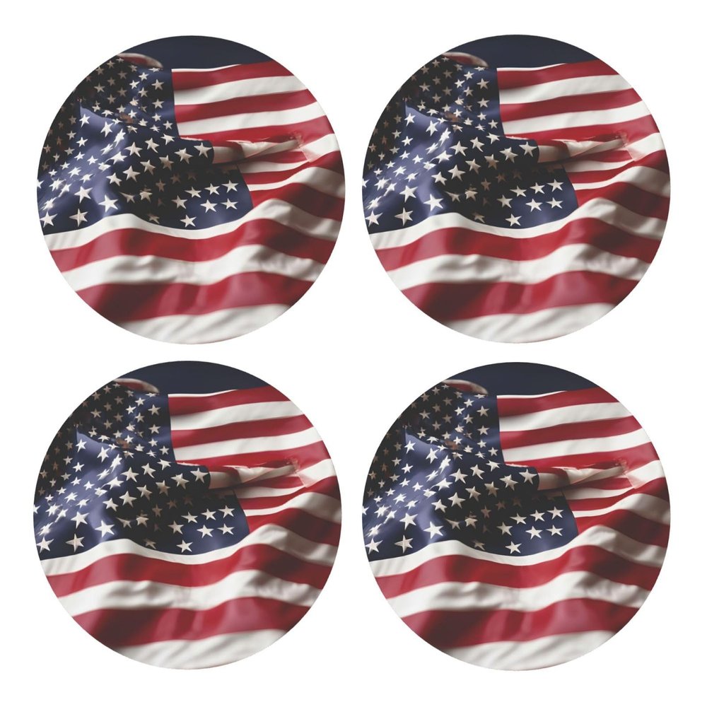 Firefighter American Flag MDF Cork Coasters A Set of 4 Absorbent Coasters, Round Shape with Elegant Print for Home Decor