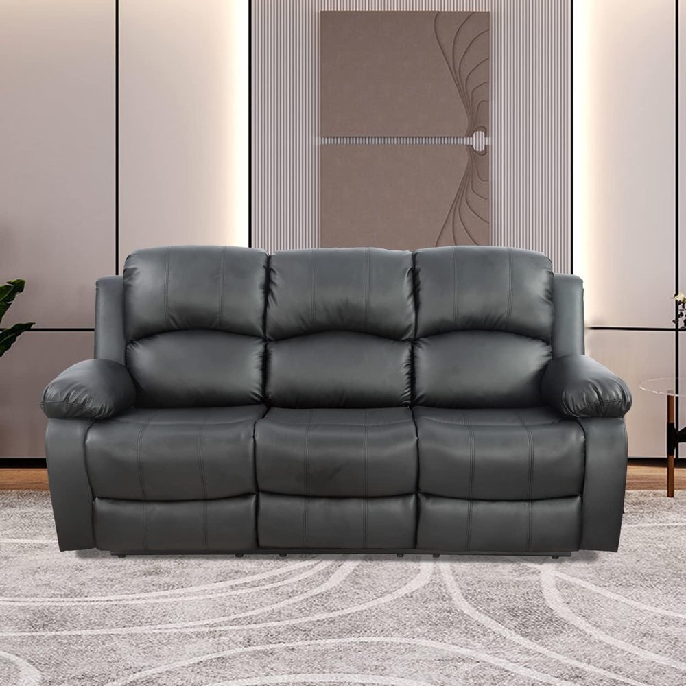 Bonded Leather Living Room Furniture Set, Manual Recliner Sofa Set with Cup Holder&Storage, Leather Recling Sofa Couch Chair for Living Room Office (3 Seat Recliner Sofa, Black)