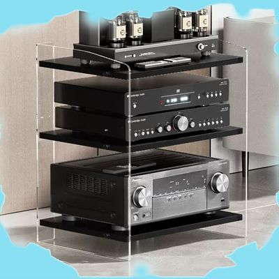 NILZA Acrylic Audio Component Rack 3/4-Layer Audio Rack Media Storage Shelves Adjustable Wooden Shelves Audio Stand Stereo RackMedia Stand for HiFi Audio Equipment(Clear+Black,40x52.2x60.6cm)