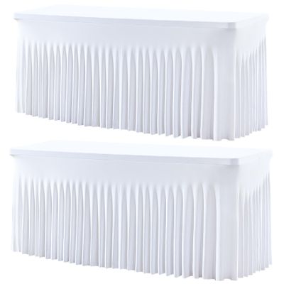 Besutolife 2 Pack White Spandex Tablecloth for 8ft Rectangle Tables Fitted Table Cloth Stretch Table Covers Skirt 8ft Rectangular Tablecloths for Banquet Parties Wedding Decorations