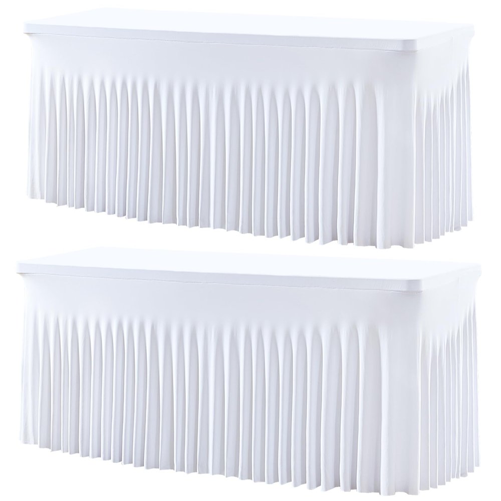 Besutolife 2 Pack White Spandex Tablecloth for 8ft Rectangle Tables Fitted Table Cloth Stretch Table Covers Skirt 8ft Rectangular Tablecloths for Banquet Parties Wedding Decorations