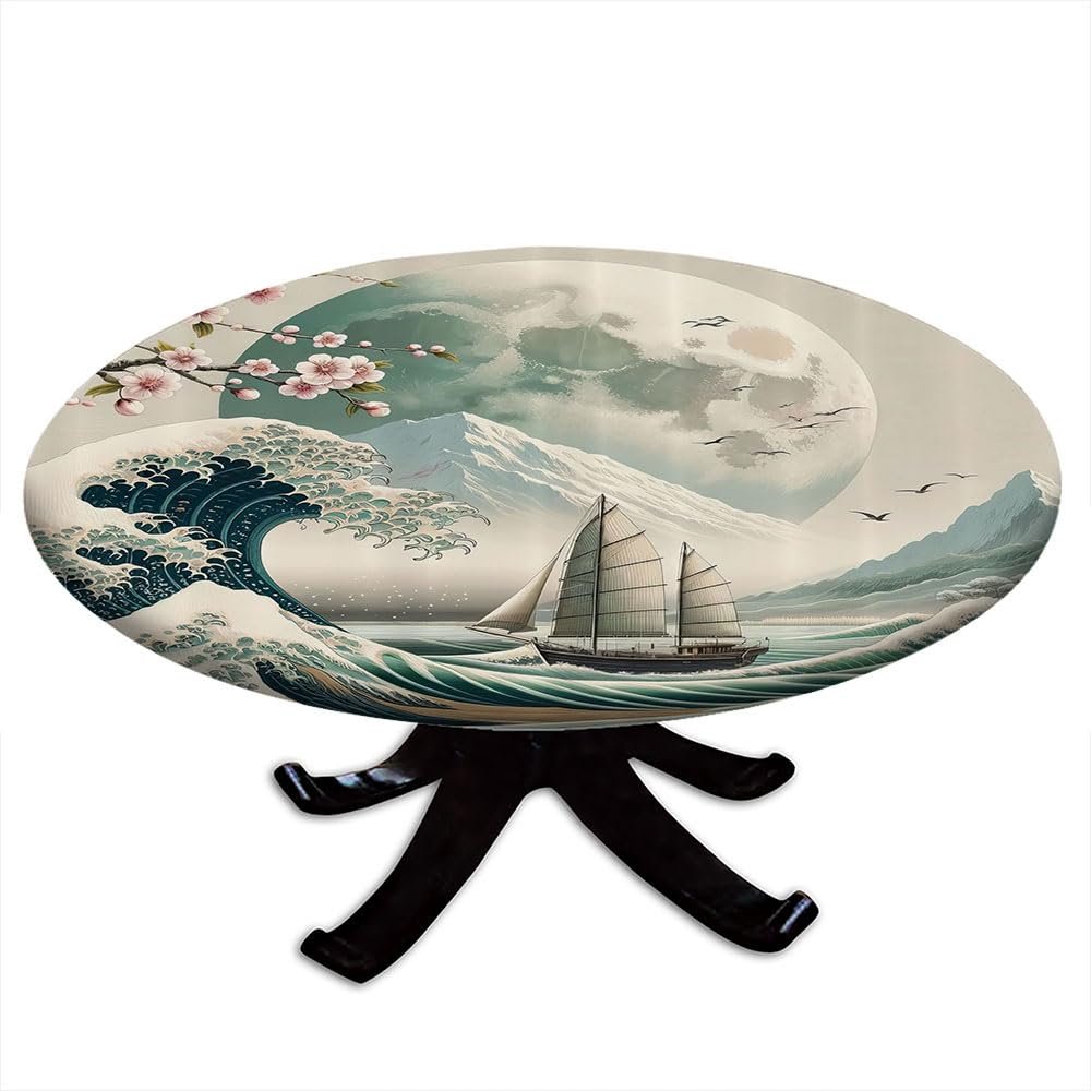 VBTGVE Nautical Round Fitted Tablecloth, Marine Asian Wave Ornament with Cherry Blossoms in Pastel Color Palette, Suitable for Restaurant Kitchen Parties, Fit for 36" Table, Seafoam Coconut Pink