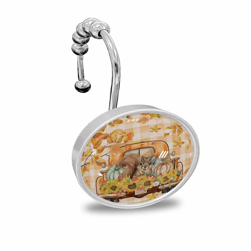 Fall 12PCS Shower Curtain Hooks Rings, Squirrel Pumpkin Sunflowers Leaves Orange Plaid Decorative Shower Curtain Hooks for Bathroom Stainless Steel Rustproof Shower Curtain Rings