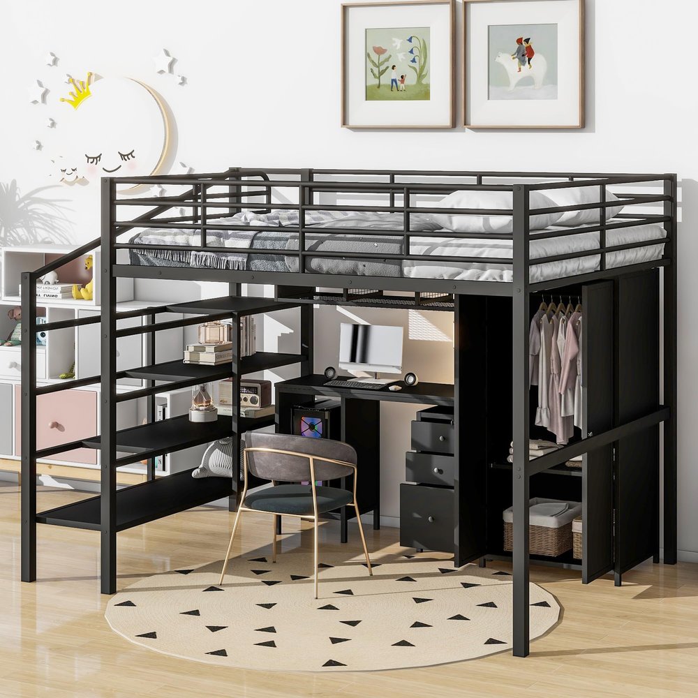 HZXINKEDZSW Full Size Metal Loft Bed with Table Set and Wardrobe,Modern Multifunctional Metal Loft Bed Frame with Storage Stairs and Drawers for Kids Teens Boys Girls Bedroom Use (Black, Full)
