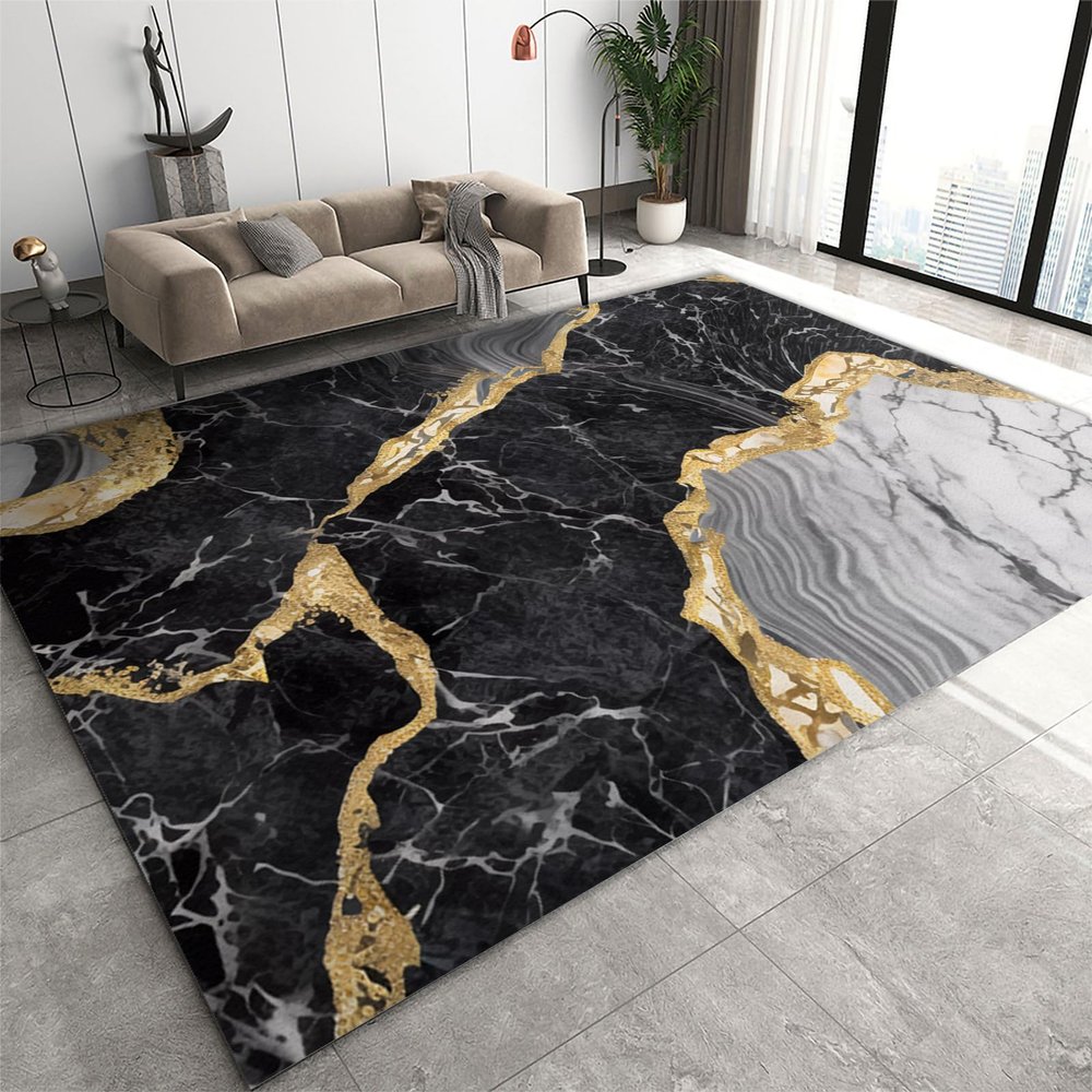8x10 Large Area Rugs Black Gray Abstract Marble Texture Rugs for Living Room, Golden Stroke Crack Splicing Nursery Rug with Under Rug Non Slip Tape for Bedroom Kids Room