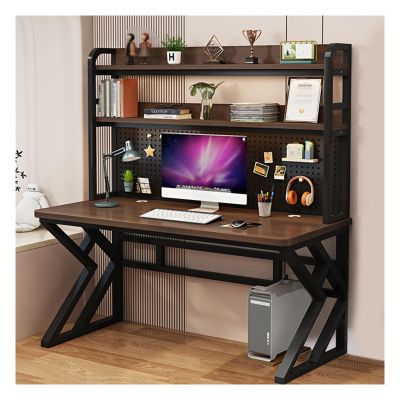 GFFQLXHT 39.3in Gaming Desk with Bookshelf Combo, Computer Desk with Pegboard, Large Writing Table with Desktop Shelves, Ample Leg Room, for Home Office (Brown, 39.3in)