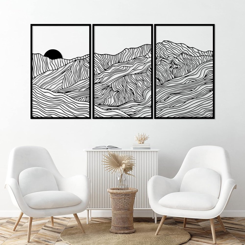 DecoSoul Mountain Metal Wall Art Set of 3, Mountain Range View, Outdoor Nature Decoration Line Wall Art, Extra Large Wall Art, Nature and Forest Decoration, (19.7 x 13 / 50 x 33 cm (Each Pieces))