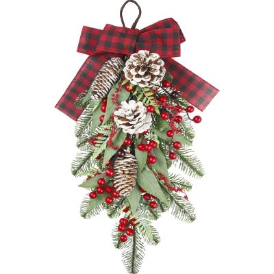 CISDUEO Christmas Teardrop Swag for Front Door Wreath Red Berry Pinecone Winter Pine Needles Artificial Swag Christmas Xmas Teardrop Door for Wall Hanging Indoor Outdoor Decor