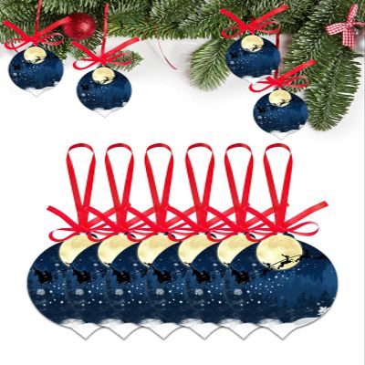 Christmas Ornament Christmas Moon Night Santa with Elk Sleigh,Acrylic Hanging Accessories Christmas Tree for Party Holiday,Snowy Winter Leaf Shape Xmas Pendant with Ribbons Gift Tags 6 Pieces