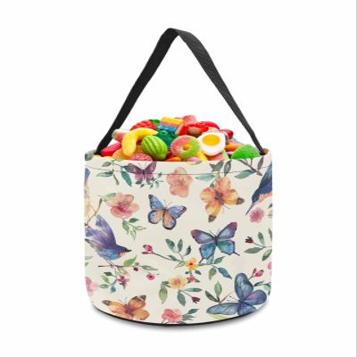 Halloween Trick or Treat Candy Bag,Watercolor Blossom Floral Plant Candy Tote Bag Reusable Portable Candy Bucket,Green Leaf Butterfly Bird Flower Goody Bags with Handle for Party Favor Gift Basket