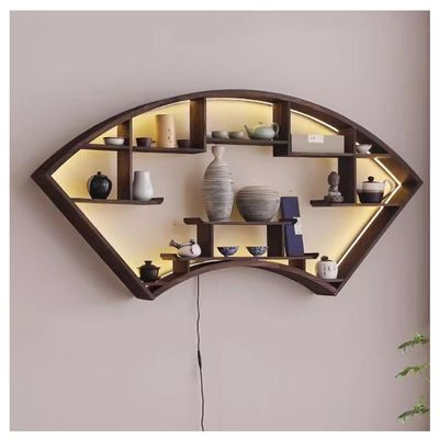 GZHERVICES Solid Wood Chinese Tea Cup Holder, Wall Decoration Teaware Storage Rack with LED Light, Wall Hanging Bogu Rack Wall Mounted Teapot Display Stand Floating Shelves