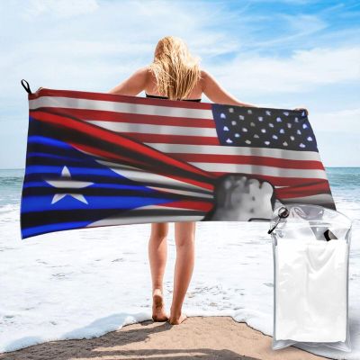 Beach Towel Oversized, Puerto-Rico Puerto Rican and USA American Flag (1) Microfiber Beach Towel with Pocket Sand Free Beach Blanket Lightweight Thin Towels 27.5"X55"