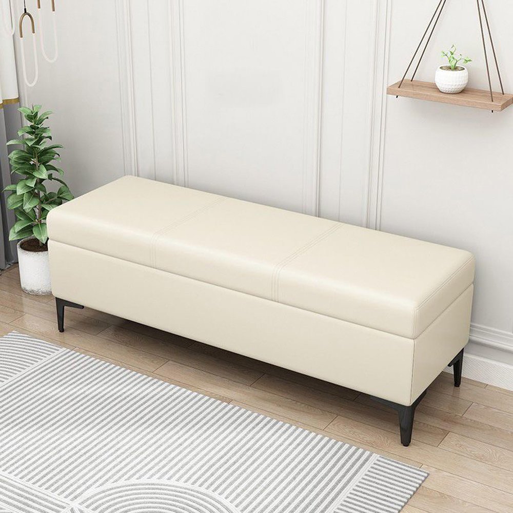 End of Bed Bench, Leather Upholstered Bench with Seat, Modern Storage Ottoman with Metal Legs for Living Room, Entryway, Bedroom