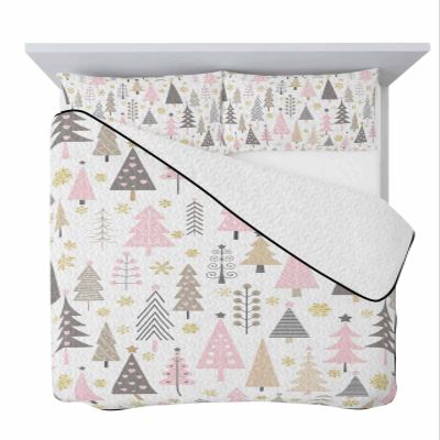 Christmas Pink Tree Quilt Twin Bedding Set, Contemporary Minimalist Grey Lightweight Summer Quilt with Pillow Shams 3 Pieces Microfiber Soft Quilt Set Bedspread Coverlet for All Seasons