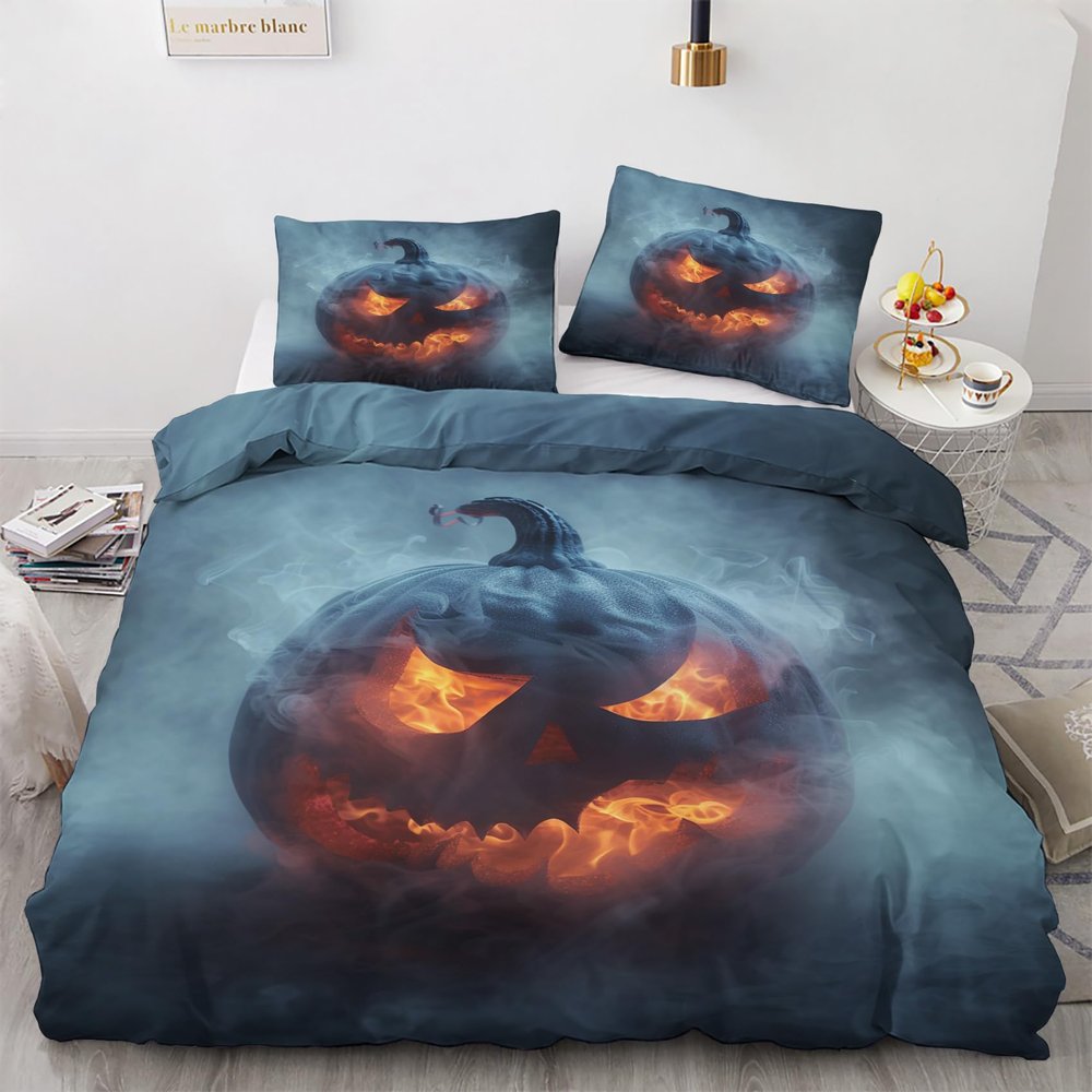FJWXCBD Pumpkin Lantern Bedding Twin Size Duvet Cover Set 3 Piece, Halloween Theme Bedroom Decor, Horror Duvet Cover & 2 Pillow Shams, with Zipper & Ties, Super Soft Microfiber