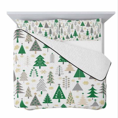 Christmas Green Tree Quilt King Bedding Set, Snowflake Cartoon Grey Geometric Lightweight Summer Quilt with Pillow Shams 3 Pieces Microfiber Soft Quilt Set Bedspread Coverlet for All Seasons