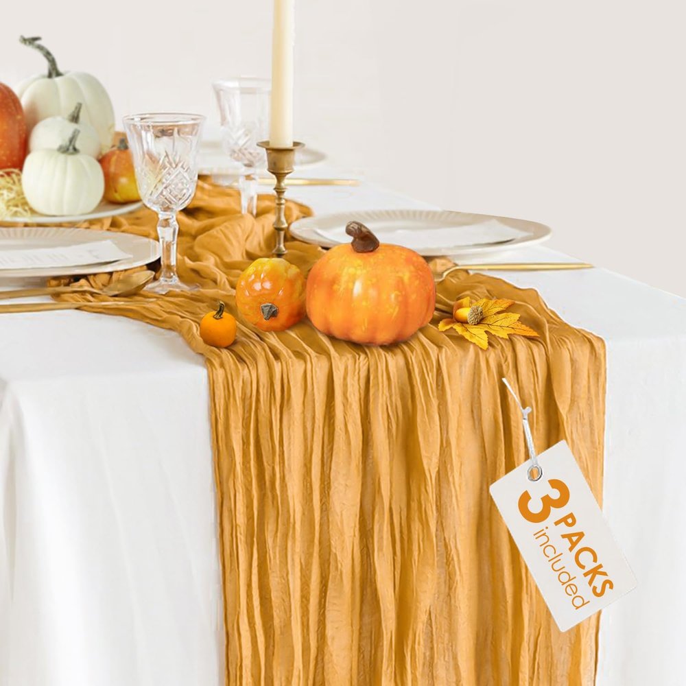 3 Pack Gold Cheesecloth Table Runner Fall Thanksgiving 35x120 Inch Yellow Cheese Cloth Runner 10FT Boho Rustic Gauze Table Runner for Wedding Baby Shower Birthday Party Decor