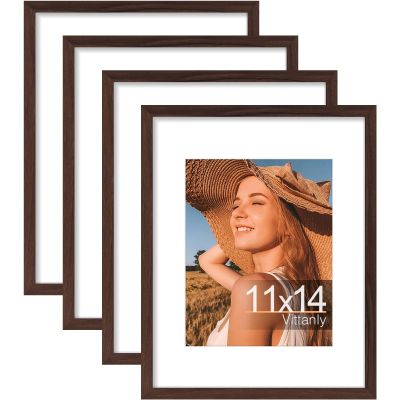 Vittanly 11x14 Picture Frame Set of 4, Display Pictures 8x10 with Mat or 11x14 without Mat, Engineered Wood with Shatter Resistant Plexiglass, Wall Gallery Photo Frames for Wall or Tabletop, Brown