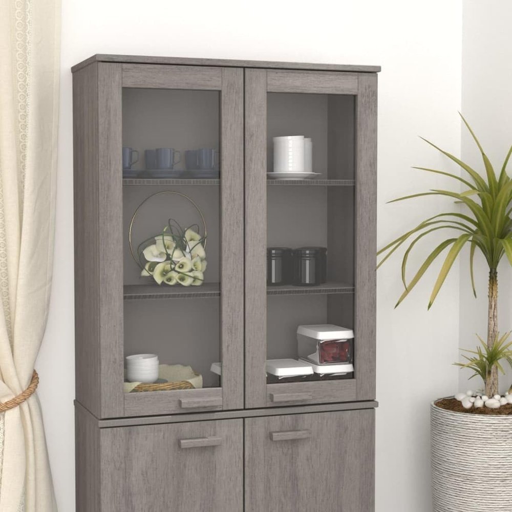 ANYCHOLE Top for Highboard Light Gray 33.5"x13.8"x39.4" Solid Wood Pine,Multifunctional Pinewood Sideboard Top with Storage Shelves and Glass Doors for Home Dcor Buffets, Dining Room Sideboards