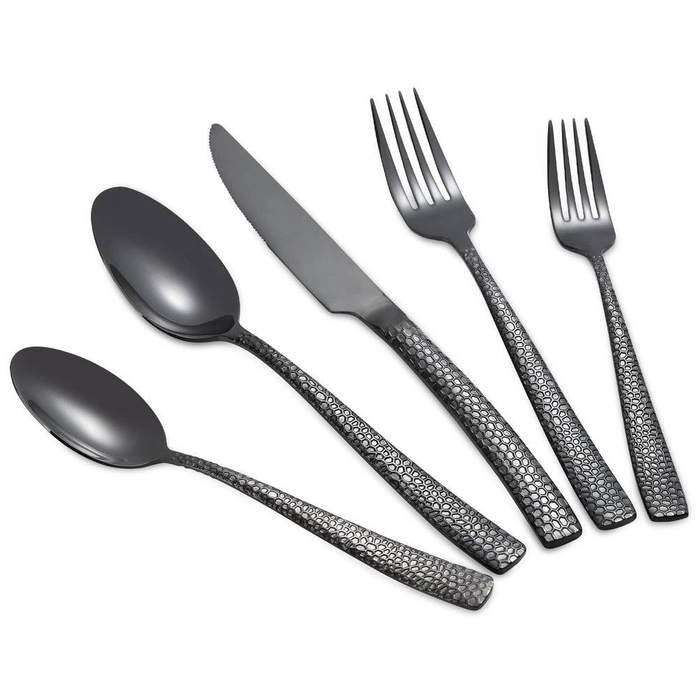 20-Piece Black Silverware Set, Heavy Duty Hammered 18/10 Stainless Steel Flatware for 4, Food-Grade Cutlery Including Fork Knife Spoon, Dishwasher Safe Tableware
