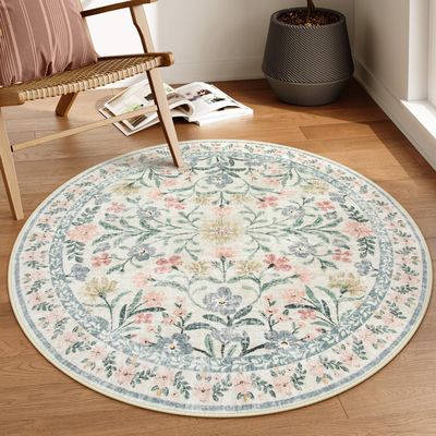 Lahome Round Boho Floral Rugs 4ft, Cream Washable Circle Rugs for Bedroom Nursery, Vintage Beige Circular Carpet, Soft Non-Slip Carpet for Kids Room Playroom Calm Corner, Beige