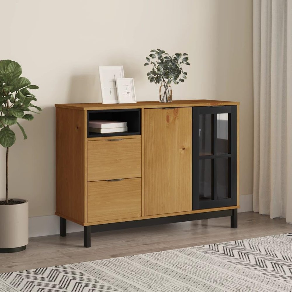 ANYCHOLE Sideboard with Glass Door FLAM 43.3"x15.7"x31.5" Solid Wood Pine,Classic Pine Wood Sideboard with Ample Storage and Display Options Buffets, Dining Room Sideboards