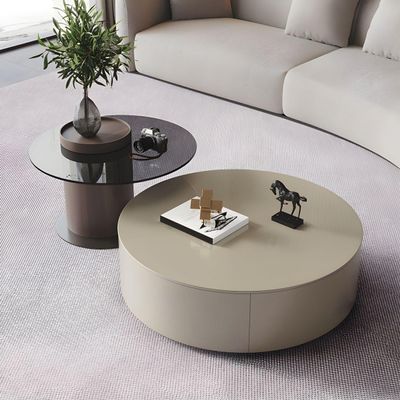 11" H Contemporary Round Coffee Cocktail Table Set with Drawer Italian Round Oak Wood Slate Round Modern Coffee Table Combination Khaki 31.5" L x 31.5" W x 12" H + 24" L x 24" W x 16" H