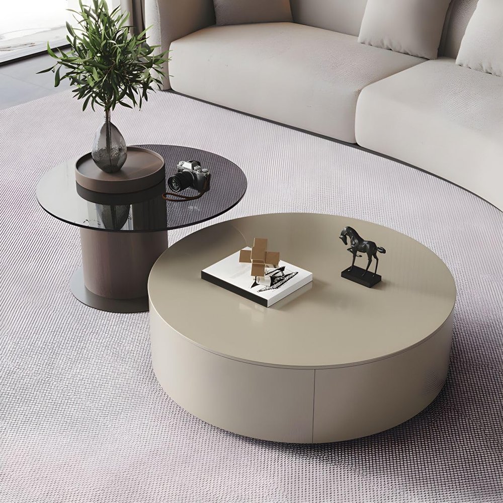 11" H Contemporary Round Coffee Cocktail Table Set with Drawer Italian Round Oak Wood Slate Round Modern Coffee Table Combination Khaki 31.5" L x 31.5" W x 12" H + 24" L x 24" W x 16" H