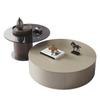 11" H Contemporary Round Coffee Cocktail Table Set with Drawer Italian Round Oak Wood Slate Round Modern Coffee Table Combination Khaki 31.5" L x 31.5" W x 12" H + 24" L x 24" W x 16" H view 3