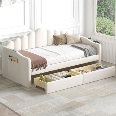 LOONGYOON Twin Velvet Upholstered Daybed Frame with 2 Drawers USB Charging Ports Side Pockets for Kids Teens Adults Bedroom Living Room Strong Wood Slats Support No Box-Spring Required No Noise Beige