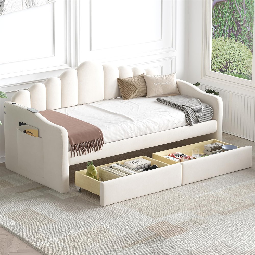 LOONGYOON Twin Velvet Upholstered Daybed Frame with 2 Drawers USB Charging Ports Side Pockets for Kids Teens Adults Bedroom Living Room Strong Wood Slats Support No Box-Spring Required No Noise Beige