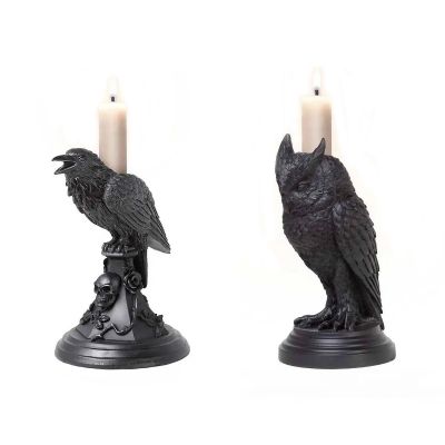 2PCS Gothic Owl/Crow Candle Holders, Halloween Candle Holder, Crow Statue Candle Holder, Vintage Owl Candle Holder, Occult Black Resin Owl/Crow Crafts, Gifts for Home Room Office Decor
