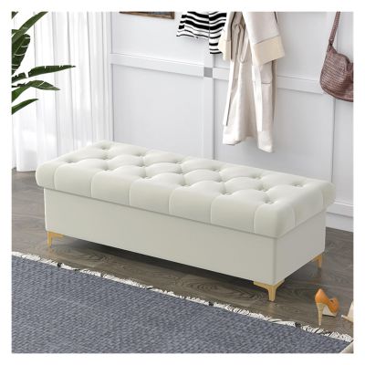 Fodalob Modern Tufted Storage Bench Ottoman, Velvet Box Ottoman with Gold Base & Button Trim, Upholstered Bedroom Bench for End of Bed, Living Room(Cream White,80 * 40 * 40cm)
