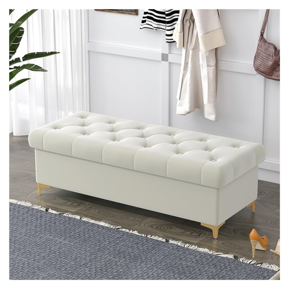 Fodalob Modern Tufted Storage Bench Ottoman, Velvet Box Ottoman with Gold Base & Button Trim, Upholstered Bedroom Bench for End of Bed, Living Room(Cream White,80 * 40 * 40cm)