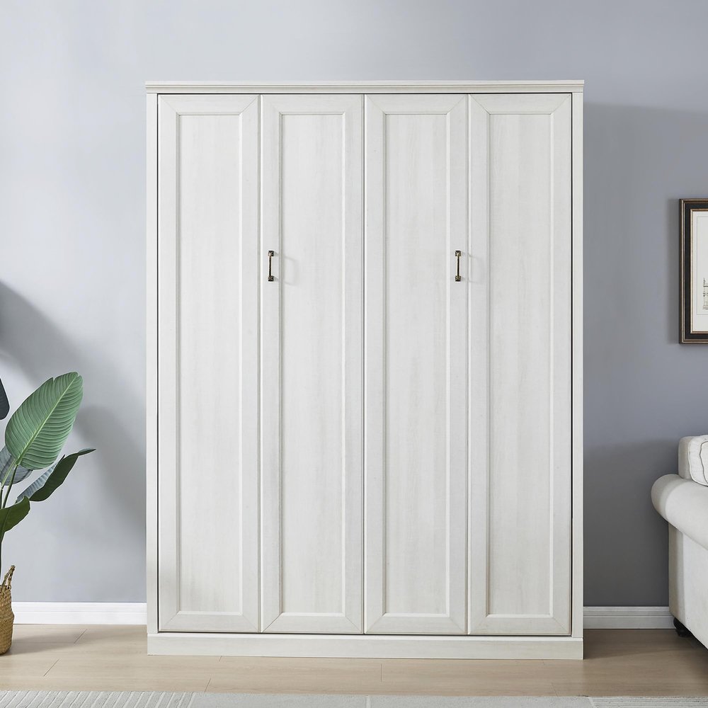 Harper & Bright Designs Queen Size Murphy Bed, Wood Queen Wall Bed Cabinet Bed, Rustic White