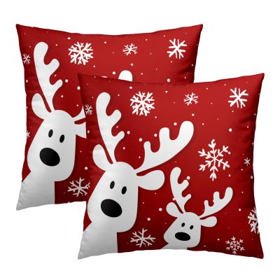 Mweet Christmas Reindeer Throw Pillow Covers 16x16, Set of 2 Funny Xmas Deer Snowflakes Red Decorative Pillow Cases Square Cushion Cover for Couch Sofa Bed Holiday Decoration