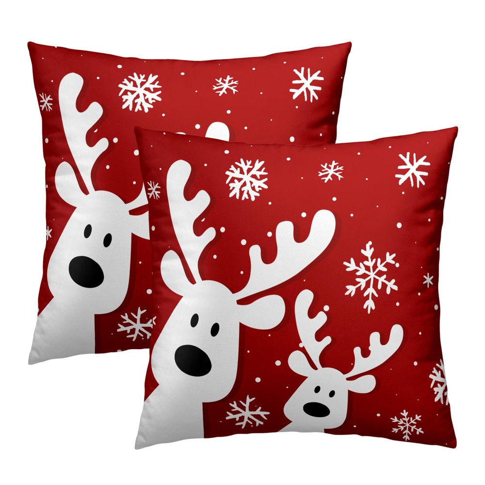 Mweet Christmas Reindeer Throw Pillow Covers 16x16, Set of 2 Funny Xmas Deer Snowflakes Red Decorative Pillow Cases Square Cushion Cover for Couch Sofa Bed Holiday Decoration