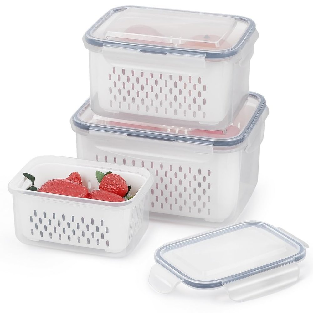 Chewtoyo Stackable Bpa-Free Plastic Fruit Baskets, Drain Vegetables, for Bins, and Fridge, 3 Pack Refrigerator for with Veggies, Baskets, Etc.